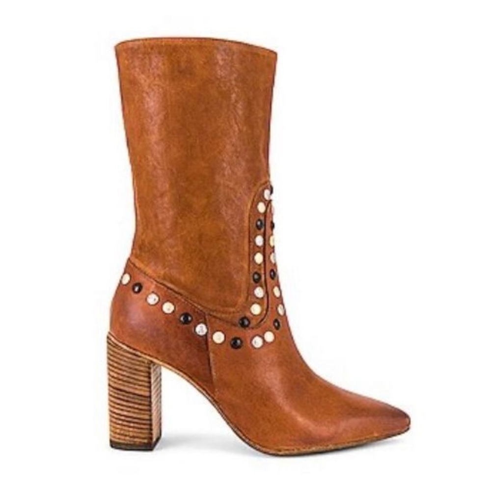 Free People Women’s Dakota Heel Studded Pointed Western Leather Boots in Rum 8